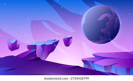 Minimalist Sci-Fi Flat Vector Background, Abstract Space Landscape with Floating Landmass and Distant Planet