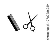 Minimalist scissors and comb icon isolated on white background, perfect for barber shops, hair styling, beauty salons, grooming tools, and professional haircare designs.
