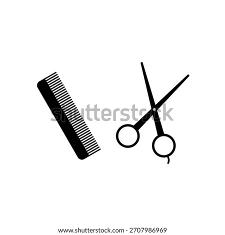 Minimalist scissors and comb icon isolated on white background, perfect for barber shops, hair styling, beauty salons, grooming tools, and professional haircare designs.