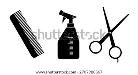 Minimalist scissors, comb, and spray bottle icon set isolated on white background, perfect for barbershops, hair styling, grooming tools, beauty salons, and professional haircare designs.