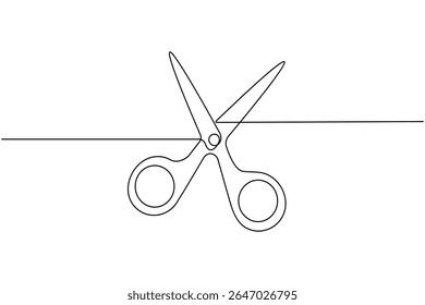 Minimalist scissors icon in continuous line art style on white background isolated vector