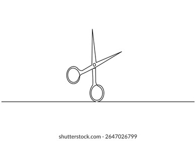 Minimalist scissors icon in continuous line art style on white background isolated vector