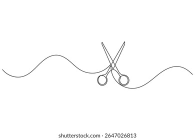 Minimalist scissors icon in continuous line art style on white background isolated vector