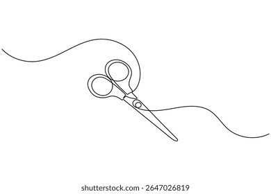 Minimalist scissors icon in continuous line art style on white background isolated vector