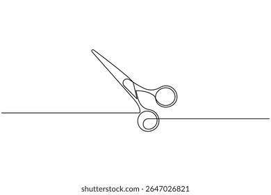 Minimalist scissors icon in continuous line art style on white background isolated vector