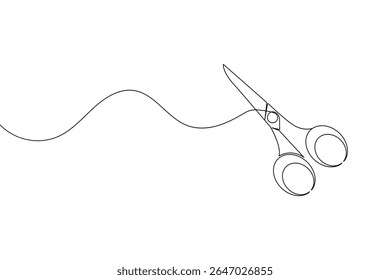 Minimalist scissors icon in continuous line art style on white background isolated vector