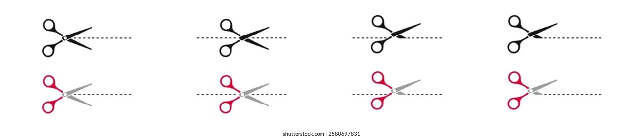 Minimalist scissors icon set. Graphic sign scissors cut dashed cut. Coupon cut. Simple scissors icon in vector design