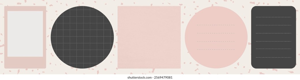 Minimalist scrapbook elements with pastel colors. Includes polaroid frame, grid circle, pink square, dotted circle, and lined rectangle. Perfect for scrapbooking. Frame element vector set.