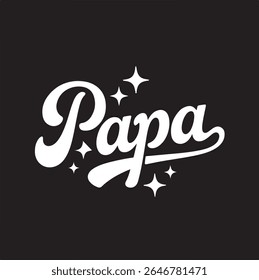“papa” Minimalist Script Logo with Starbursts – White on Black Retro-Modern Design. A clean and elegant minimalist logo featuring the word “papa” in flowing.