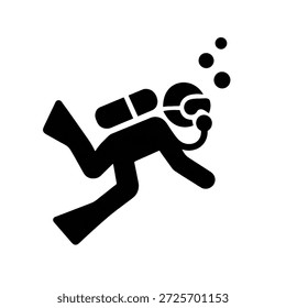 Minimalist scuba diver icon, vector-style design of a person diving underwater with oxygen tank and fins. Perfect for travel, adventure, water sports, scuba diving apps, websites, and educational materials. High-quality flat design for easy use in digital and print projects.