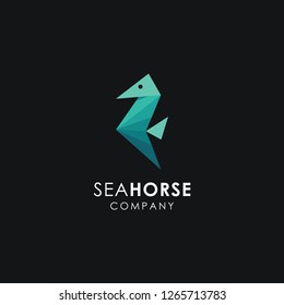 Minimalist sea horse logo icon vector template with origami paper style on black background