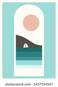 Minimalist sea landscape and ship view. Cute sailing ship near seaside illustration.