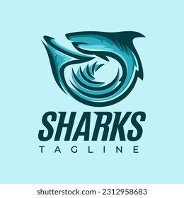 Minimalist sea shark logo design template. Modern shark cartoon mascot logo.