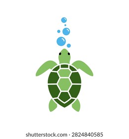 Minimalist sea turtle with air bubbles flat illustration