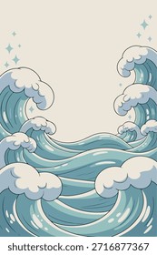 Quadro de Onda de Mar Minimalista para Posters de Viagem de Verão. Fundo de papelaria bonito da onda do oceano vertical para as mídias sociais. O japonês Ukiyo-e inspirou ondas oceânicas em estilo bonito de desenhos animados. Anime Sea Waves Background com Sparkles. 