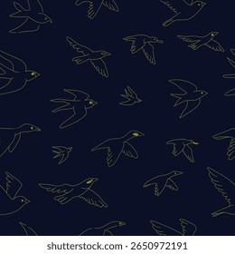 Minimalist seamless bird golden line art pattern with flying birds on navy blue background. perfect for stationery, textile and surface design.