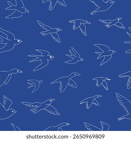 Minimalist seamless bird line art pattern with flying birds on sky blue background. perfect for stationery, textile and surface design.