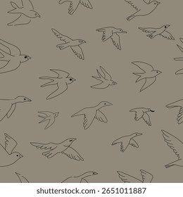 Minimalist seamless bird line art pattern with flying birds on taupe background. perfect for stationery, textile and surface design.