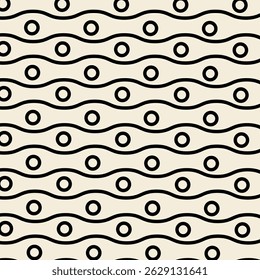 Patrón minimalista en blanco y negro sin costuras con líneas Horizontales onduladas y puntos rellenos y delineados alternados, ideal para textiles, impresiones y fondos digitales