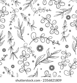 Minimalist seamless botanical pattern. Black and white pattern with linear plants and flowers. For floral stylish invitations, cards, prints and banners.