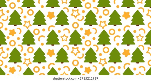 Patrón minimalista de Navidades sin fisuras con árboles de vacaciones estilizados y confeti amarillo sobre fondo blanco. Perfecto para textiles festivos, papel de embalaje, embalaje y proyectos de diseño de temporada