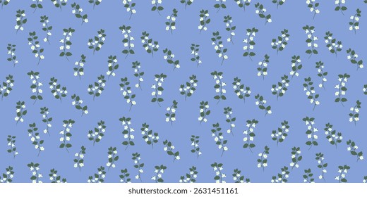 Padrão floral sem emenda minimalista com fundo azul e pequenas flores silvestres delicadas. Ilustração vetorial, design para tecido, embalagem, papéis de parede, papelaria e design de superfície romântico