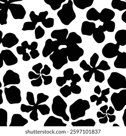 Minimalist seamless floral pattern with bold black flower silhouettes on a white background. Elegant botanical design for textiles, wallpapers, wrapping paper, and modern creative projects. Vector art
