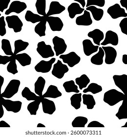 Minimalist seamless floral pattern with bold black flower silhouettes on a white background. Elegant botanical design for textiles, wallpapers, wrapping paper, and modern creative projects. Vector art