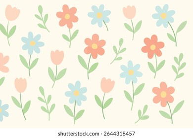 Minimalist seamless floral pattern featuring coral daisies, peach tulips, and blue flowers with soft green leaves on a beige background. Ideal for print or digital use.