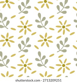 A minimalist seamless floral pattern featuring simple daisies and stylized branches in dusty lemon tones on a white background.