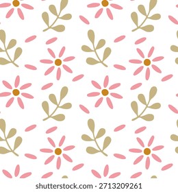 Un estampado floral minimalista sin costuras con margaritas simples y ramas estilizadas en tonos rosados suaves sobre un fondo blanco.