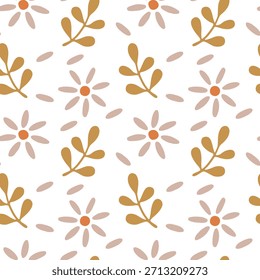 Un estampado floral minimalista sin costuras con margaritas simples y ramas estilizadas en tonos ocres suaves sobre un fondo blanco.