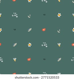 Minimalist seamless floral pattern featuring abstract stylized flowers. Including white daisies and red blossoms. With small green leaves scattered across a dark teal background