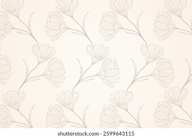 Minimalist seamless floral pattern with hand-drawn line art flowers. Elegant botanical design perfect for wallpapers, textiles, packaging, wedding invitations, and branding.