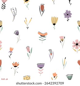 Minimalist seamless floral pattern with hand-drawn abstract pastel flowers in doodle style. Perfect for book covers, greeting cards, and bookmarks.