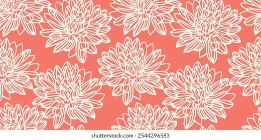 Minimalist seamless floral pattern with large, detailed line-drawn flowers on orange background. Perfect for modern textiles, packaging, wallpaper, and home decor,  sophisticated monochrome look.
