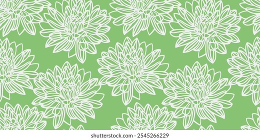 Padrão floral sem emenda minimalista com flores grandes e detalhadas desenhadas em linha no fundo verde. Perfeito para têxteis modernos, embalagem, papel de parede e decoração de casa, olhar monocromático sofisticado.