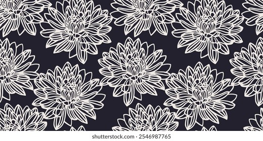 Minimalist seamless floral pattern with large, detailed white line-drawn flowers on a dark background. Perfect for modern textiles, packaging, wallpaper, sophisticated monochrome look.