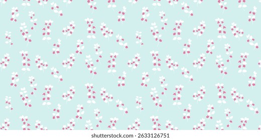 Minimalist seamless floral pattern with soft blue background and delicate small wildflowers. Vector illustration, Pastel print for fabric, packaging, wallpapers, stationery, romantic surface design