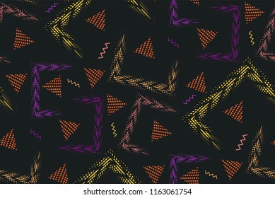 Minimalist seamless geometric abstract pattern in Memphis style. Geometric shapes of different colors-triangles, zigzags, lines, dots on a dark background. Colorful design 90s style. Vector.