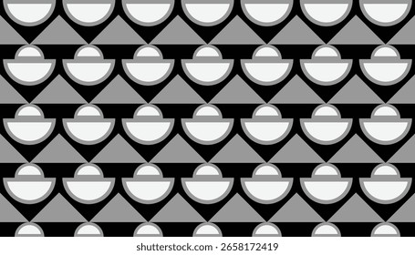 Patrón geométrico minimalista sin fisuras en tonos negros, blancos y grises con semicírculos repetitivos y Formas triangulares. Ideal para fondos modernos, envases, textiles y uso digital