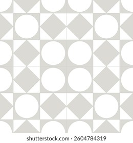 Minimalist seamless geometric pattern with circles and rotated squares in Scandinavian style. Perfect for backgrounds, textiles, wallpapers, and packaging. Elegant monochrome vector design