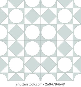 Minimalist seamless geometric pattern with circles and rotated squares in Scandinavian style. Perfect for backgrounds, textiles, wallpapers, and packaging. Elegant monochrome vector design.
