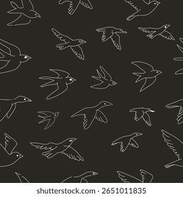 Minimalist seamless golden bird line art pattern with flying birds on black background. perfect for stationery, textile and surface design.