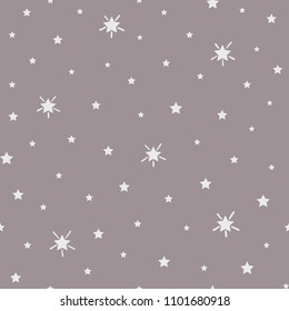 Minimalist seamless gray pattern with white stars. Starry sky for textile, paper print, wall art, wrapping. 
