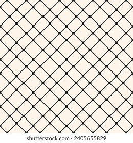 Minimalist seamless grid pattern. Vector abstract black and white geometric texture with thin diagonal cross lines, nodes, squares, mesh, lattice, grill. Simple repeated monochrome geo background