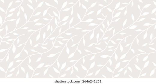Minimalist seamless leaf pattern on soft beige background, perfect for wallpaper, fabric, packaging, and eco-friendly design projects. Elegant botanical vector illustration for modern decor.