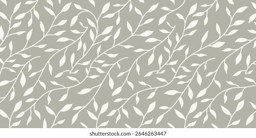 Minimalist seamless leaf pattern on taupe background. Elegant botanical vector for fabric, wallpaper, wrapping paper, packaging, and nature-inspired design projects.