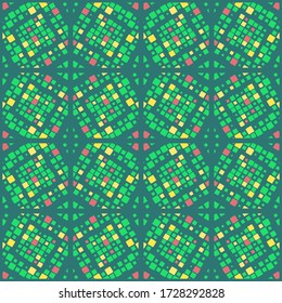Minimalist seamless mosaic pattern.Pattern with square shapes in light yellow, green and light red on a muted green background.Vector illustration.