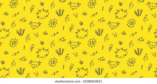 Minimalist seamless pattern in 90s comic style. Speech bubbles, exclamation marks, lightning bolts, accent lines and abstract shapes in black outline on yellow background. For textile, wallpaper.